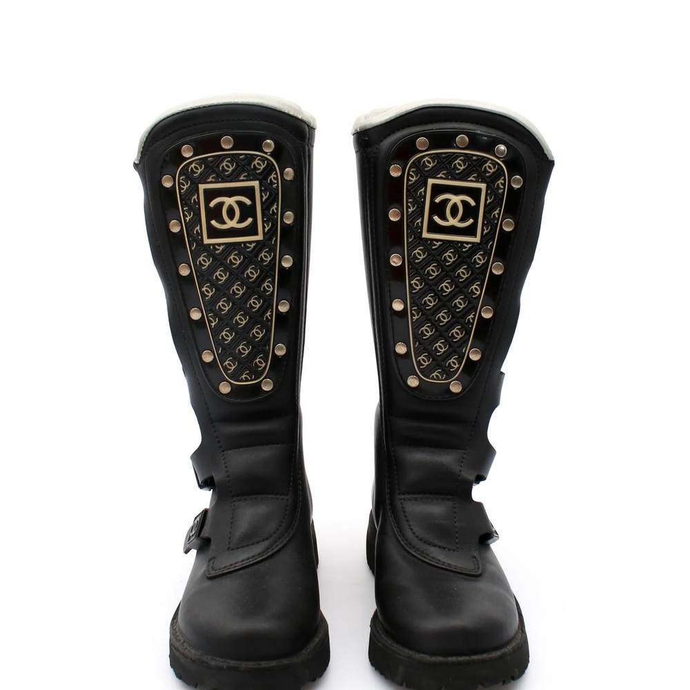 CHANEL Black Boots with Gold Detailing